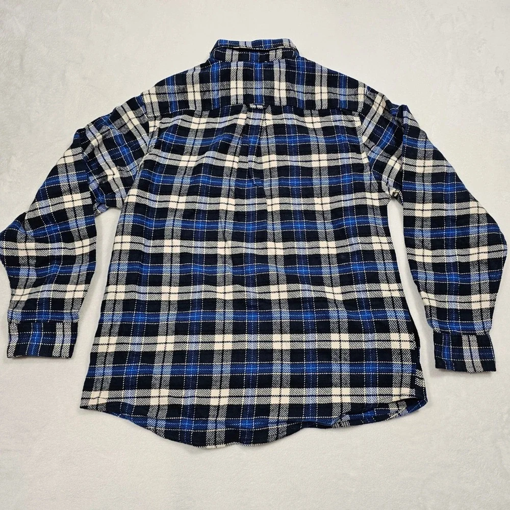 Orvis Flannel Shacket Shirt Mens L Blue Plaid Pocket Rugged Cabin Lumber